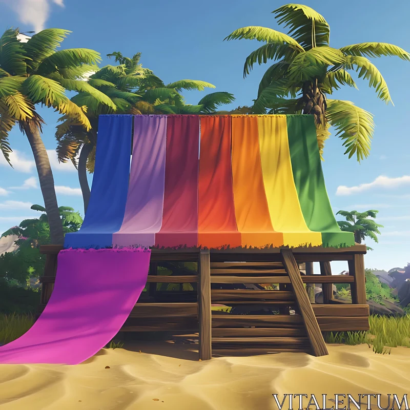 Colorful Fabrics Hanging on a Beach