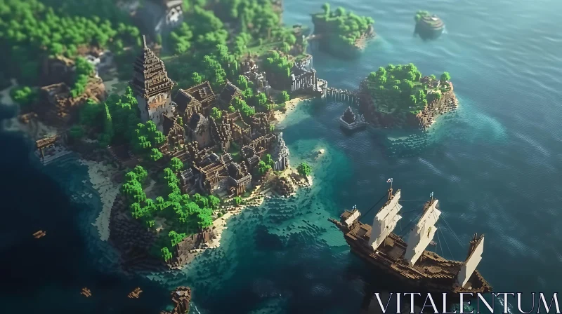 Medieval Castle Island and Ship in Pixel Art