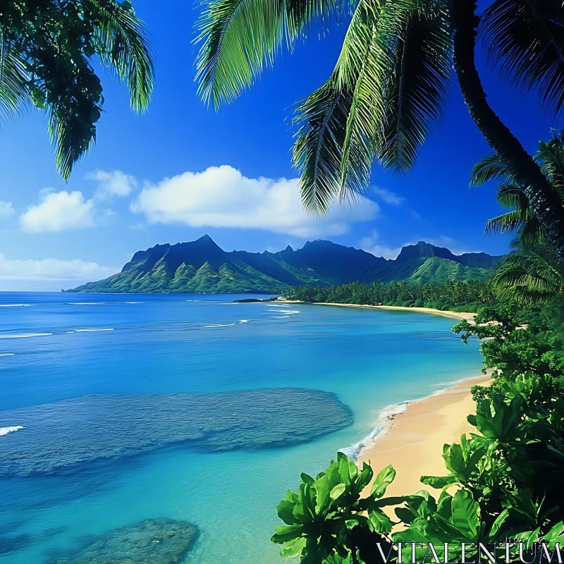 Tropical Island Landscape with Palm Trees and Mountains AI Image