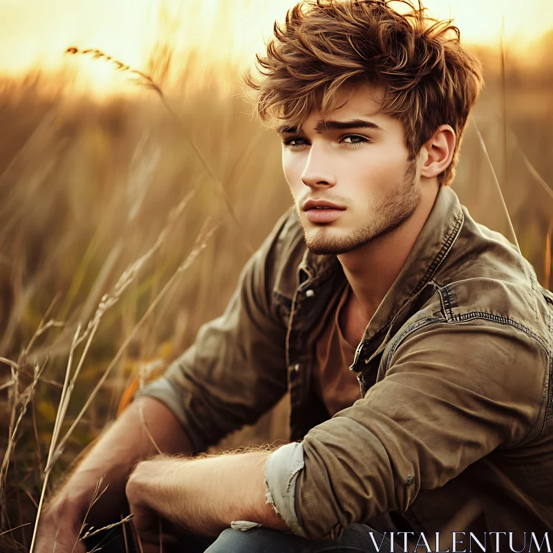Contemplative Young Man in Golden Field