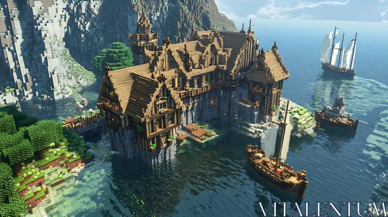 Medieval Castle by the Ocean with Ships