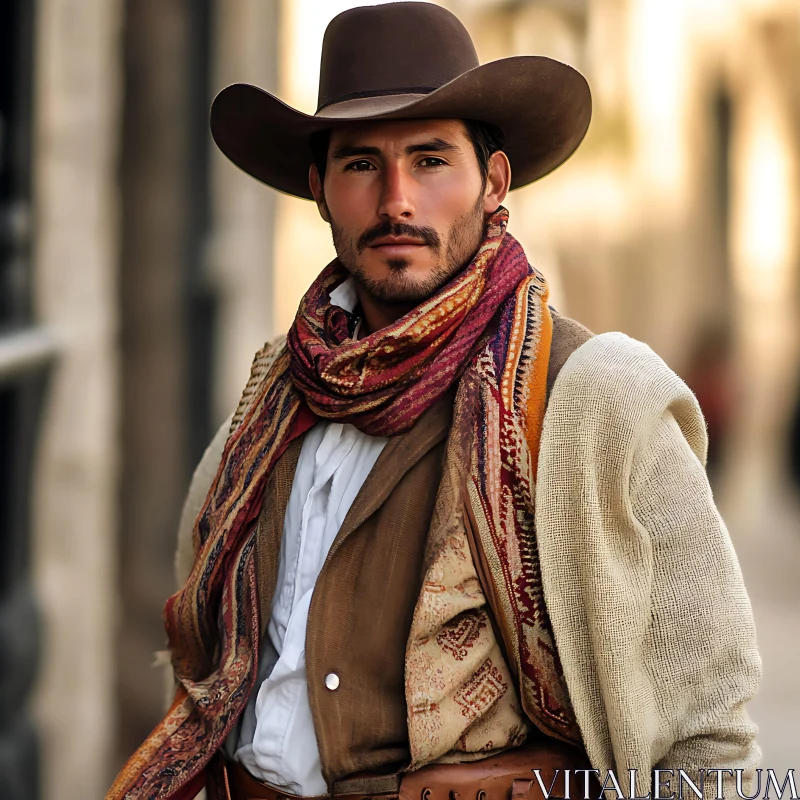 Man in Cowboy Outfit with Scarf and Hat
