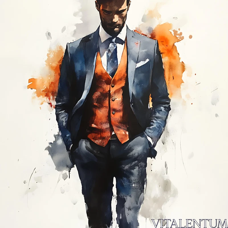 Sophisticated Man in Navy Suit Watercolor