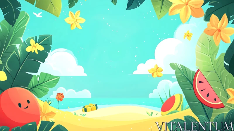 Tropical Summer Paradise Cartoon Scene