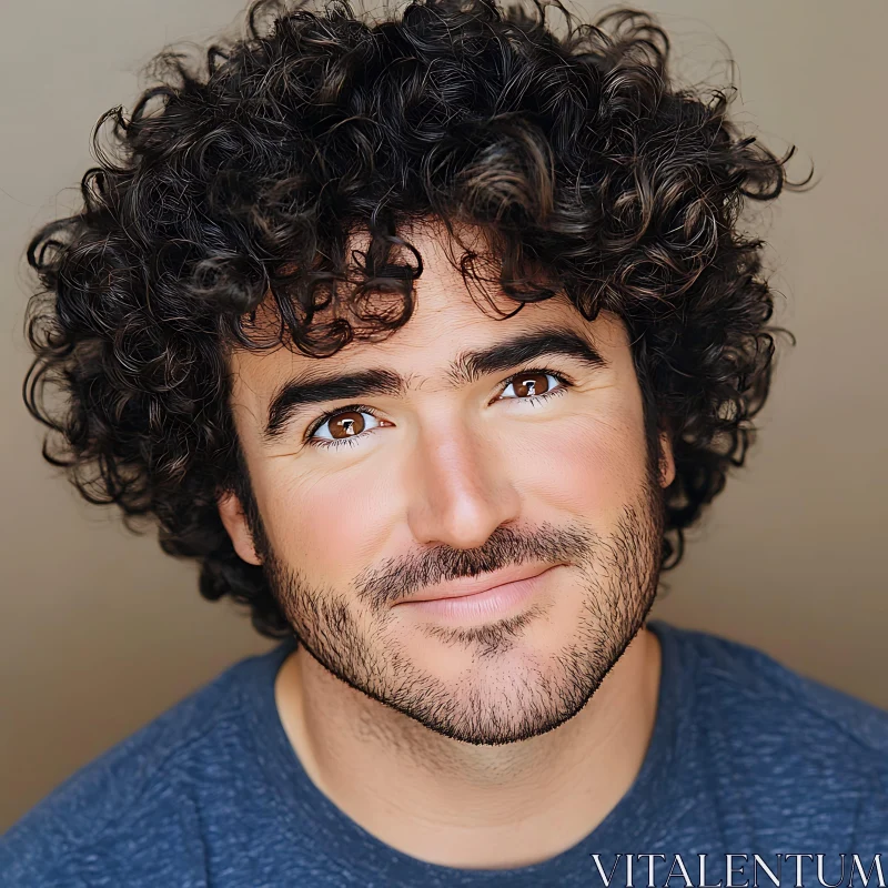 Smiling Man with Curly Hair in Casual Shirt