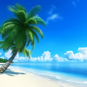 Idyllic Tropical Beach with Palm Tree and Blue Sky