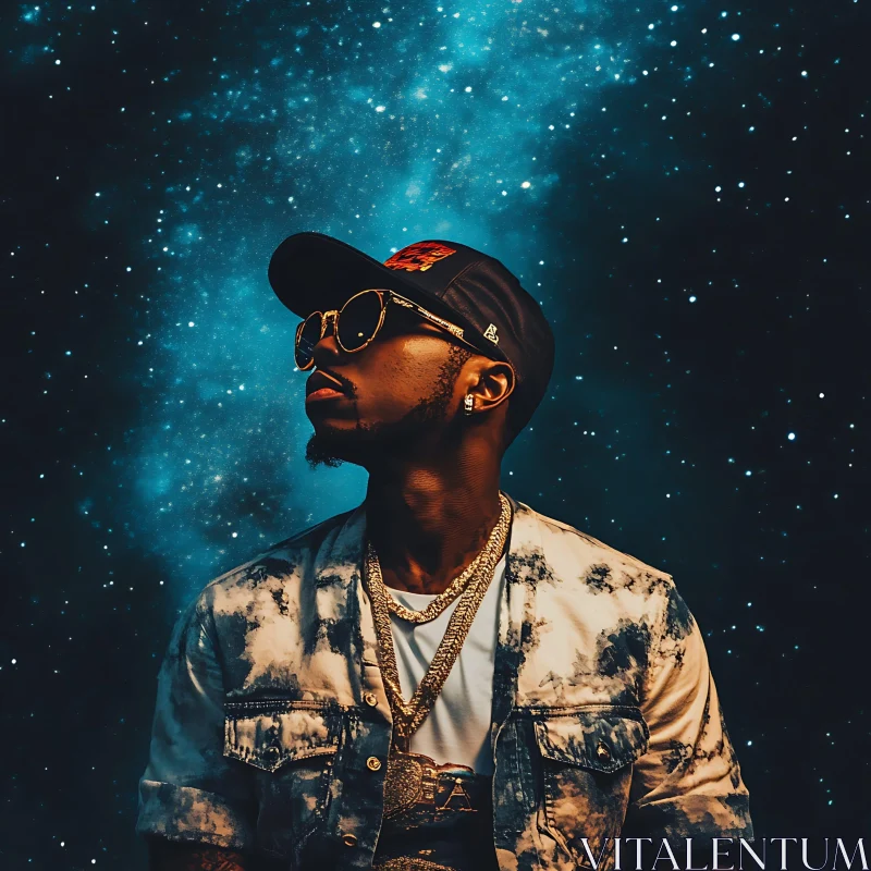 Man with Sunglasses and Gold Chains in Front of Starry Sky