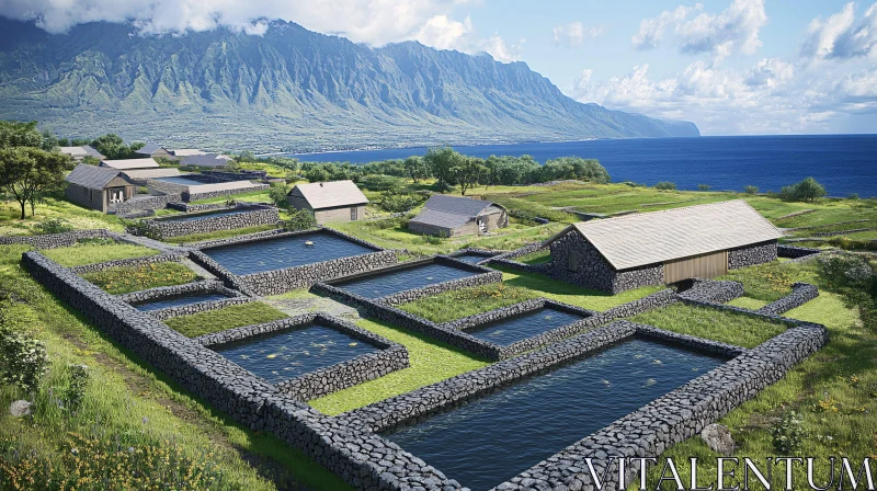 Tranquil Countryside with Stone-Walled Ponds and Mountain View AI Image