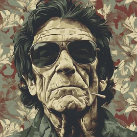 Aged Character Smoking in Artistic Portrayal with Floral Background