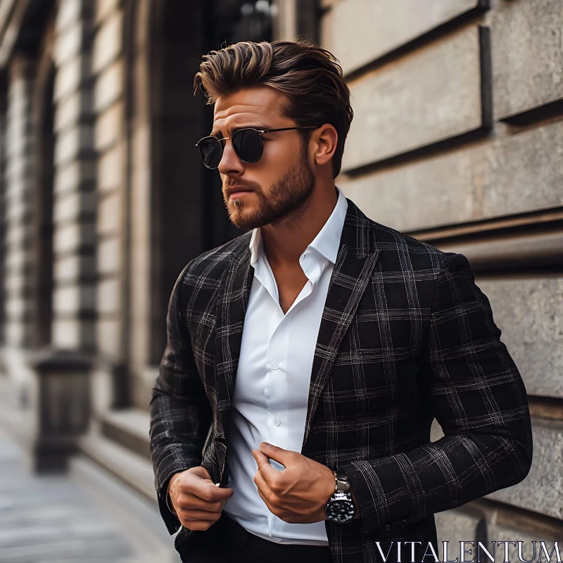 Well-Dressed Man Adjusting Suit Jacket AI Image