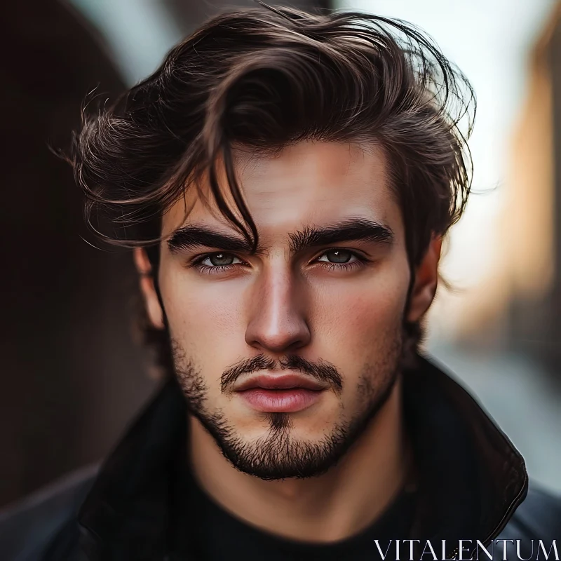 Young Man with Defined Features and Leather Jacket AI Image