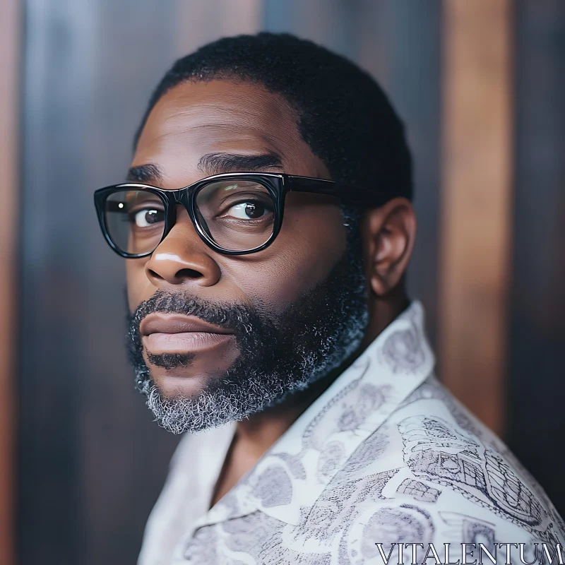 Pensive Man with Black Glasses and Patterned Shirt AI Image