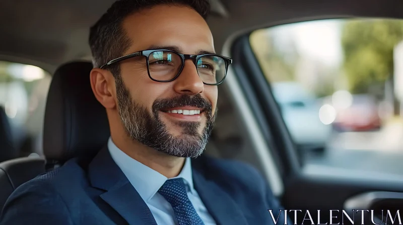 Smiling Man in Suit with Glasses Sitting in Car AI Image