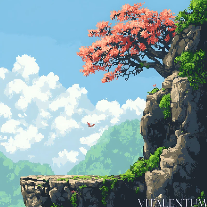 Pixel Art Landscape with Tree and Bird AI Image