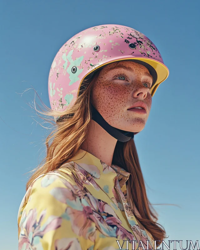 Freckled Woman in Floral Helmet AI Image