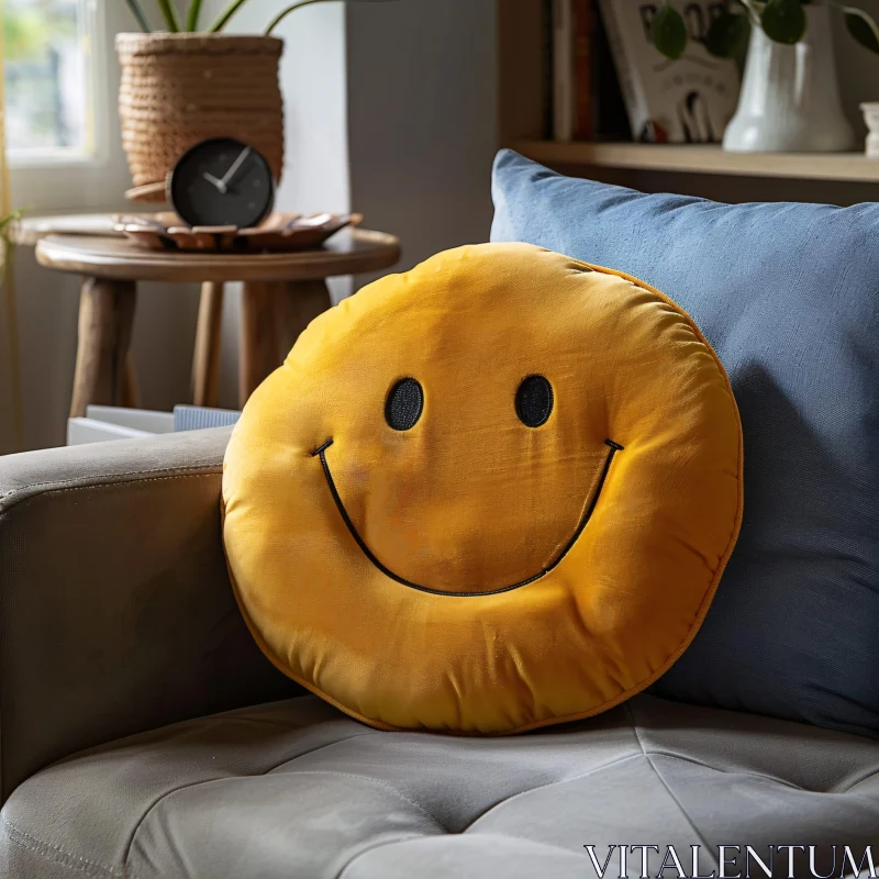 AI ART Home Decor: Smiling Cushion on Sofa