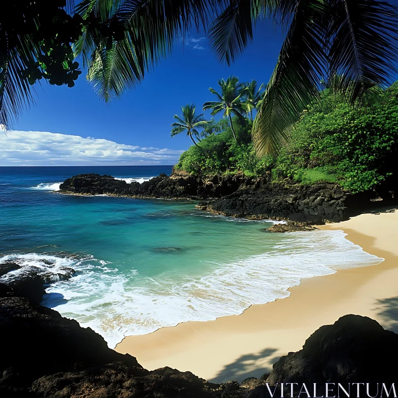 Serene Island Beach with Lush Palm Trees and Clear Blue Ocean AI Image