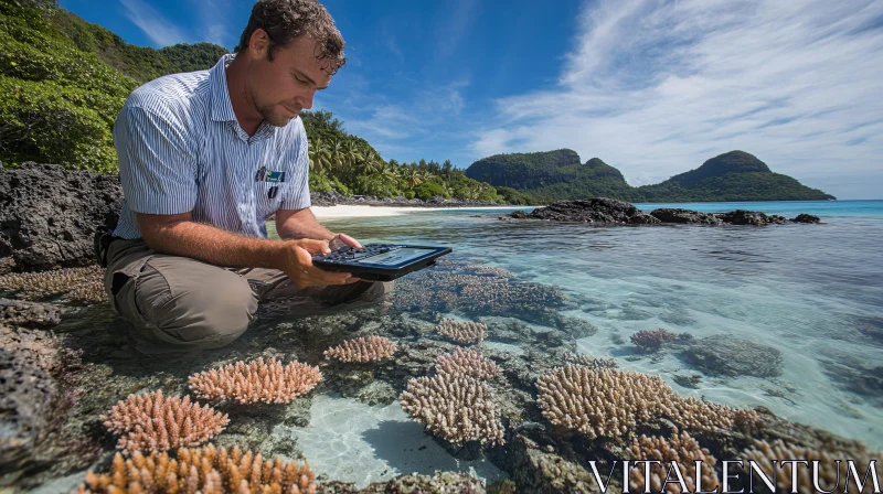 Researcher Studying Coral Reefs with Tablet AI Image