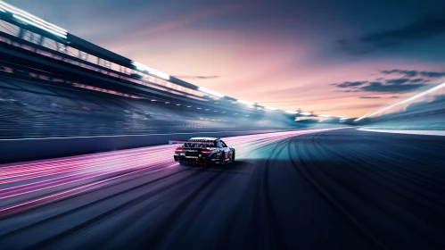 Racing Car at Sunset with Neon Light Trails