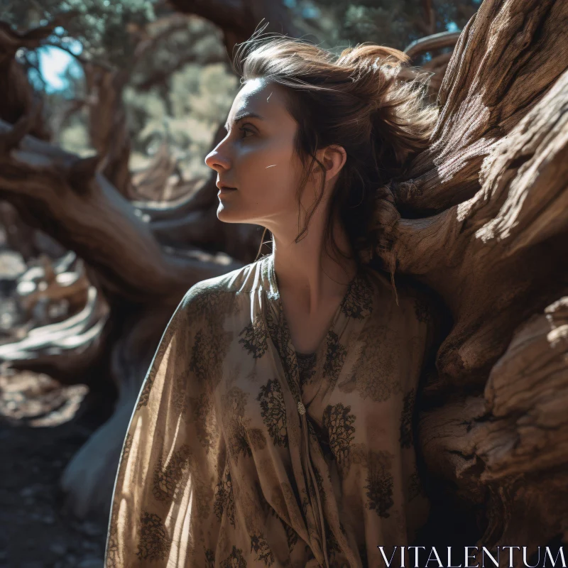 Serene Woman Among Gnarled Trees AI Image