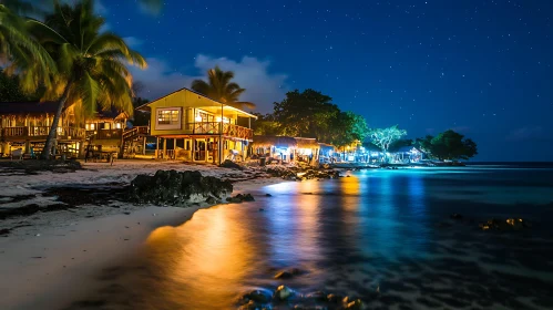 Nighttime Tropical Beach Resort with Star-Filled Sky