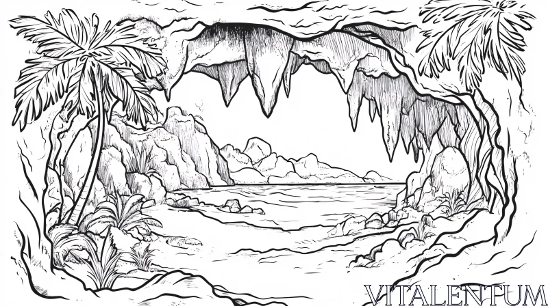 AI ART Beach View Through Cave Illustration