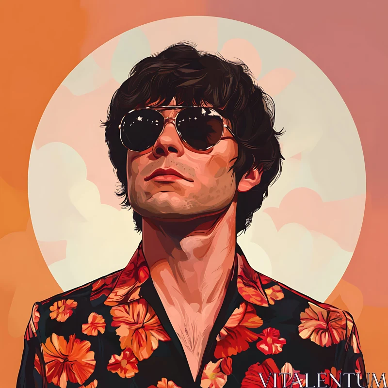 Vintage Digital Art of a Man with Sunglasses in Floral Shirt AI Image