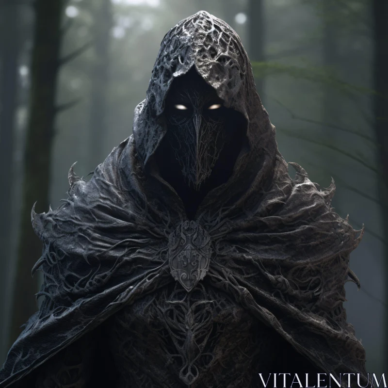 Enigmatic Hooded Figure in Dark Woods AI Image