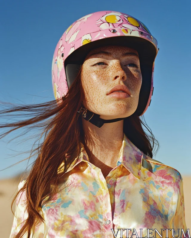 AI ART Freckled Woman in Pink Helmet and Floral Shirt