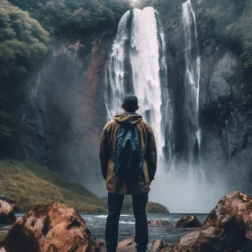 Explorer Facing Cascading Waterfall in Wild