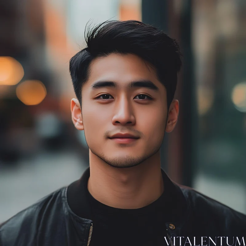 Young Man's Close-Up Portrait in City AI Image