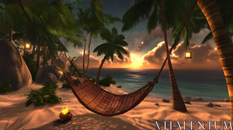 AI ART Serene Island Sunset with Hammock