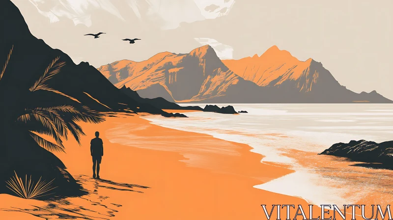 Peaceful Beach and Mountain Scene with Silhouette AI Image