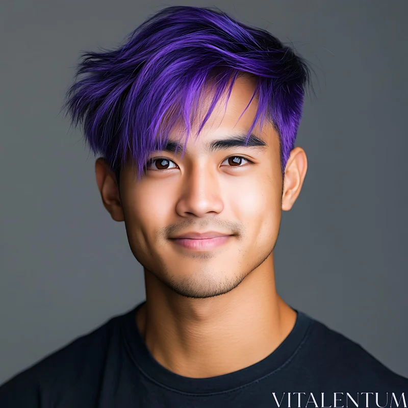 Smiling Man with Vivid Purple Hair and Black Shirt AI Image