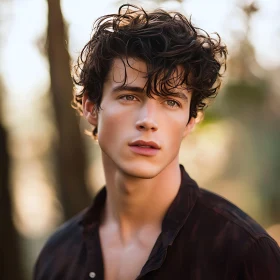 Curly-Haired Man's Reflective Forest Portrait