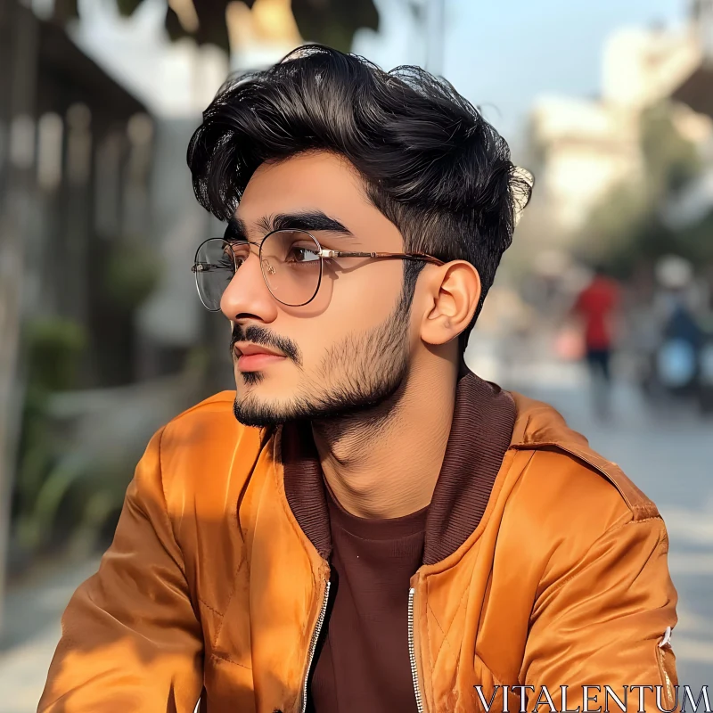 Young Man in Urban Setting Wearing Glasses and Jacket AI Image