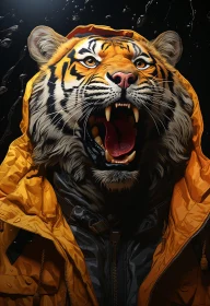 Tiger Growling in Yellow Raincoat