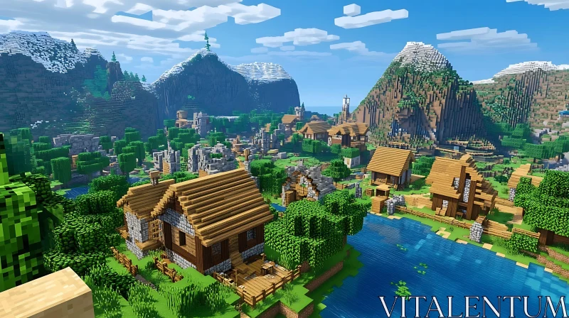 Minecraft Village with Mountain Backdrop AI Image