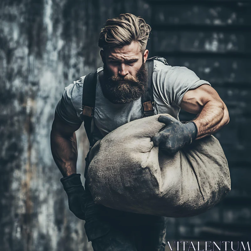 Strong Worker in Overalls with Large Sack AI Image