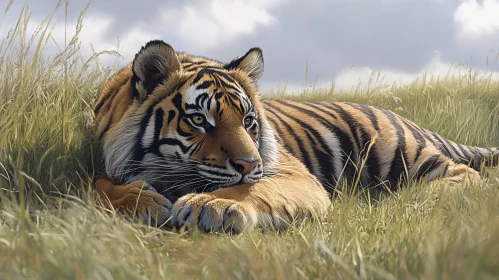 Tiger Resting in the Field - Natural Wildlife Scene