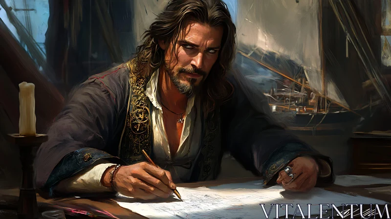 Pirate with Historical Attire Writing a Map AI Image