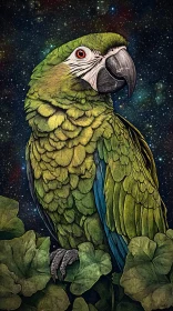 Vibrant Parrot with Galactic Background