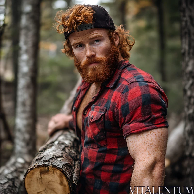 Forest Lumberjack with Red Hair and Plaid Shirt AI Image