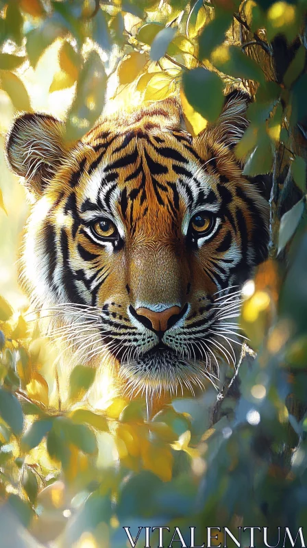 Intense Tiger Stare Through Leaves AI Image