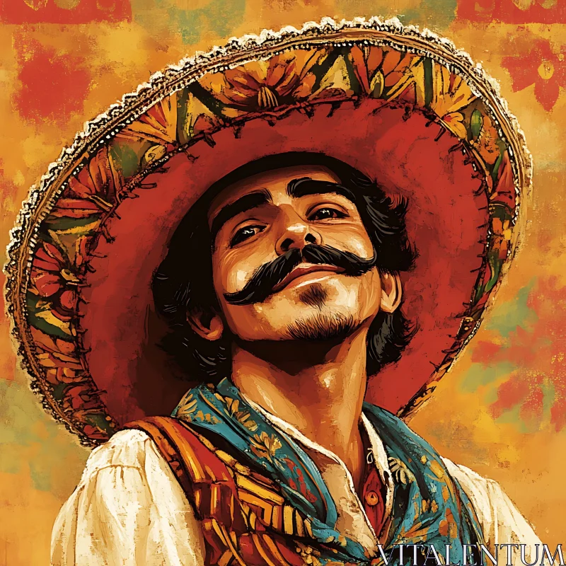 Vibrant Painting of a Man in Ornate Sombrero AI Image