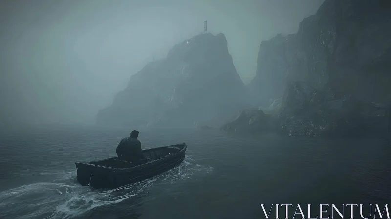 Eerie Boat Journey in Dense Fog AI Image