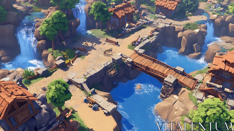 Ancient Village with Flowing Waterfalls and Wooden Paths AI Image