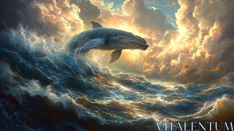 Whale Breaching Amidst Golden Clouds AI Image