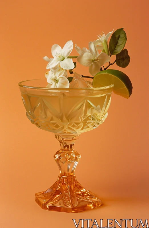 AI ART Cocktail in Crystal Glass with Lime and Flowers