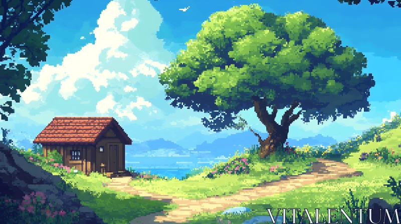 Charming Pixel Art Countryside Scene with Cottage and Tree AI Image